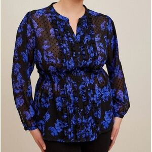 Torrid Women's Blue Floral Swiss Dot Chiffon Sheer Top Size 2